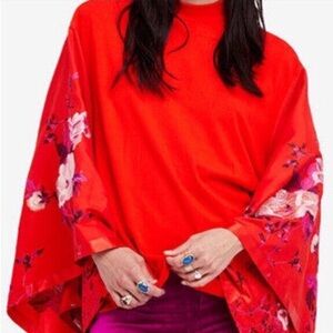 New Free People Sydneys Batwing Kimono Sleeve Top Red Fire Orange Embroidery M